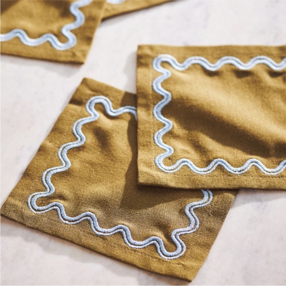 Anthropologie Olive Green Cotton Napkins with Light Blue Scallop Trim | Set of 4